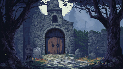 pixel art of old castle dungeon background battle scene in RPG old school retro 16 bits, 32 bits game style - obrazy, fototapety, plakaty