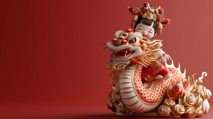 Fototapeta na wymiar Chinese New Year seasonal social media background design with blank space for text. A cute happy Chinese girl in traditional outfit is sitting on a dragon on red background. Red and gold color scheme.