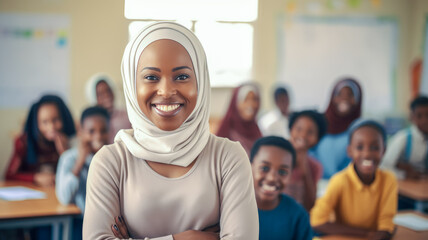 cadid shot of smiling male teacher in a class at elementary school looking at camera with learning smiling students on background