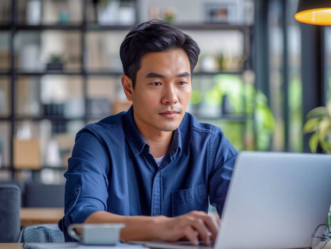A young smiling Asian man in a blue shirt is working at a laptop in a modern and bright coworking. Productive work outside the office, online business using the Internet