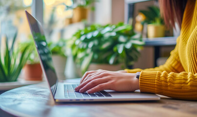 Close-up of a woman's hands in a warm orange sweater working on a laptop in a modern and bright coworking. Productive work outside the office, online business using the Internet