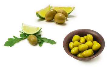 Two olives and piece of lemon and lime isolated on white