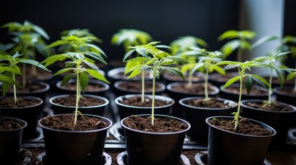 Small cannabis plants growing in pots