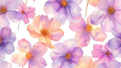watercolor floral pattern with many purple and pink flowers on the white background Generative AI