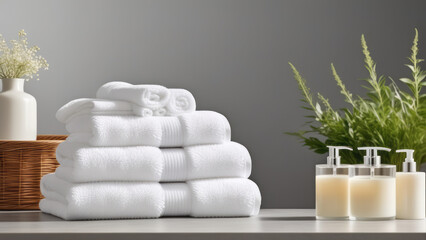 Obraz na płótnie Canvas Create an inviting elegance with soft lighting, emphasizing the elegance of towels and beauty treatments, Towel with herbal bag and beauty treatments, candles, essential oils