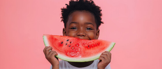 A joyful child with sparkling eyes peeks over a juicy watermelon slice, summertime sweetness personified against a pink backdrop