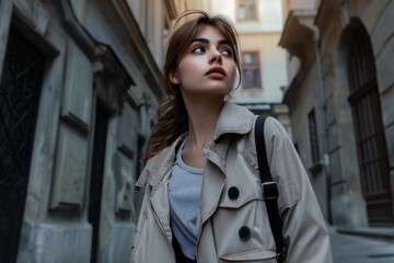 Fototapeta premium A fashion-forward girl embraces casual yet trendy street style, showcasing a blend of comfort and fashion on the city streets.