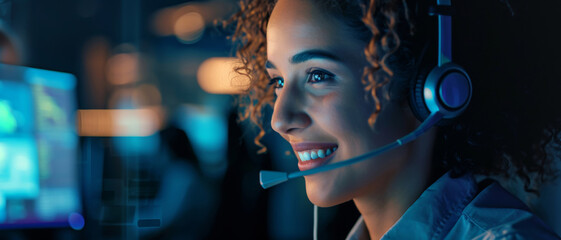 A radiant customer service representative wears a headset, her smile a beacon of helpfulness in the glow of computer screens