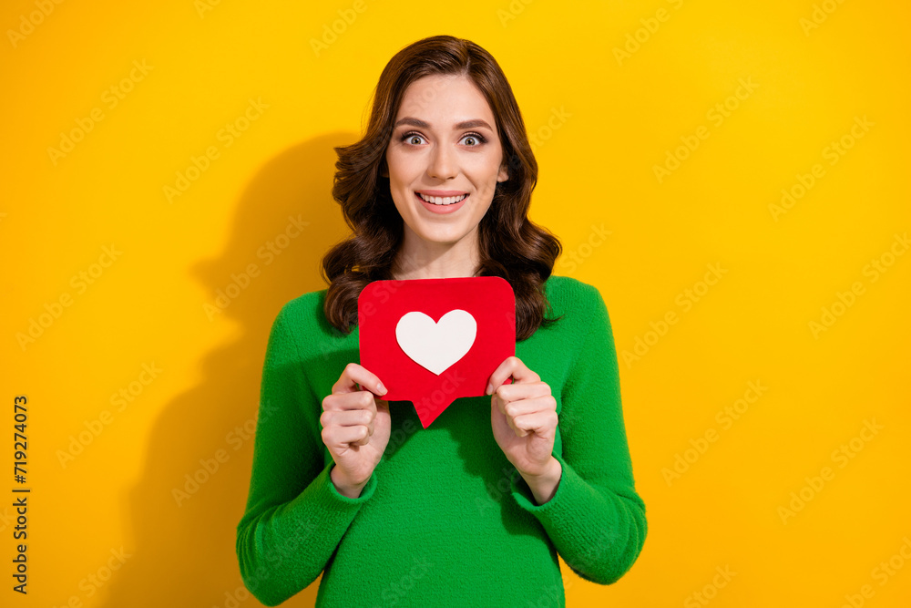 Poster photo of cheerful adorable cute woman dressed green stylish clothes demonstrate red card isolated on