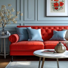 Red Sofa Blue Bedside Table Splas, 3d  illustration