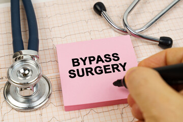 On the cardiograms there is a stethoscope and a sticker with the inscription - Bypass Surgery