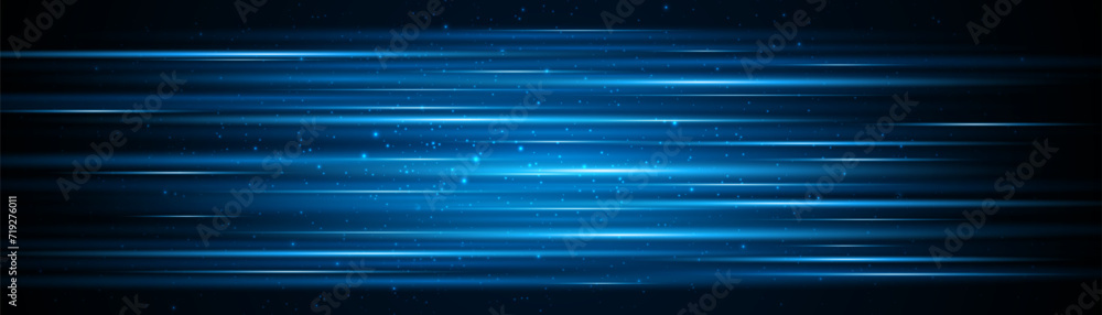 Wall mural blue glowing lines with glitter light effect on dark background. high speed internet technology conc