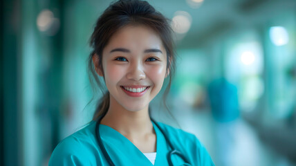 Jóvenes enfermeras o médicos sonriendo en el pasillo del hospital
 - obrazy, fototapety, plakaty
