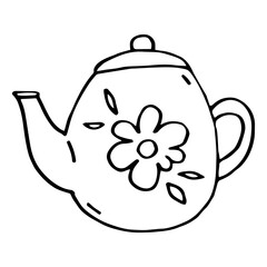 Black and white vector illustration of teapot in doodle style