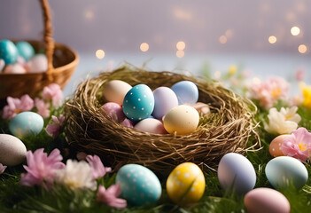 Fototapeta na wymiar Colorful Easter eggs in a nest with flowers and soft lights in the background.