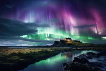 Icelandic Aurora, Northern Lights Paint Sky Over House - obrazy, fototapety, plakaty