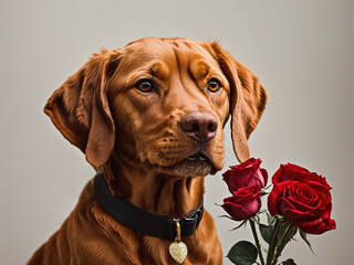 Charming red-haired vizsla dog sitting next to a vase of red roses on a white background. Gift for Valentine's Day. Generative AI