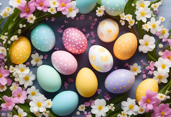 Fototapeta na wymiar Colorful Easter eggs decorated with patterns and surrounded by spring flowers on a pastel background.