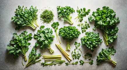 collection of fresh Mediterranean herbs parsley, chives and arugula leaves and chopped pieces over a gray background, cooking, food or diet and nutrition design elements - obrazy, fototapety, plakaty