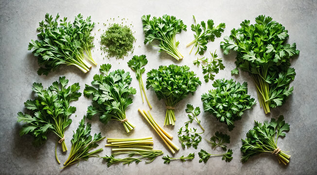 collection of fresh Mediterranean herbs parsley, chives and arugula leaves and chopped pieces over a gray background, cooking, food or diet and nutrition design elements