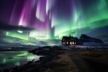 Northern Lights Illuminate Icelandic Home - obrazy, fototapety, plakaty