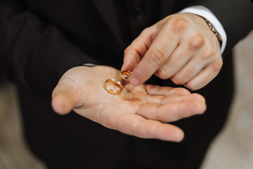 Two gold wedding rings for brides as a symbol of eternity. Everything is ready for the wedding ceremony. An offer of a hand and a heart