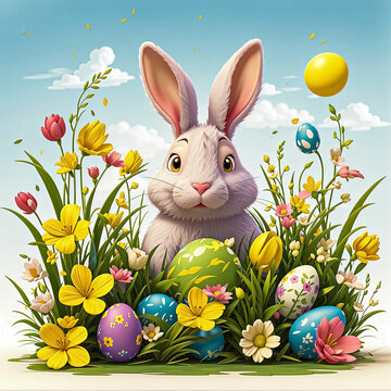 Cute fluffy easter rabbit sitting in grass, surrounded by colorful Easter eggs and flowers. Cartoon style. Happy Easter card. Generative AI
