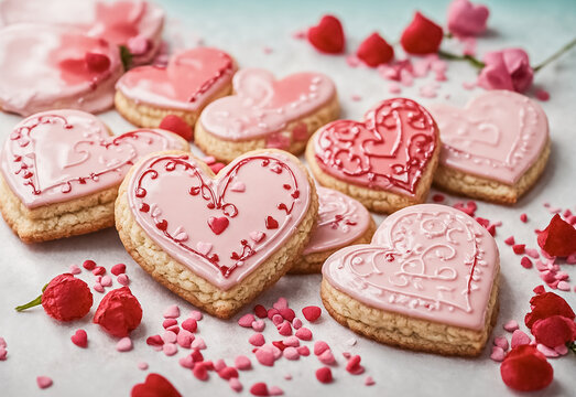 Glazed heart shaped cookies for Valentine's day. Valentine's day holiday concept. Generative AI