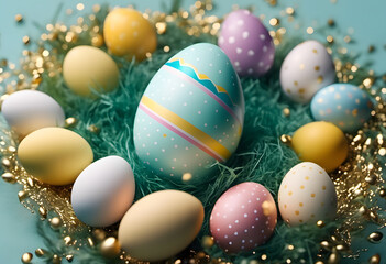 Fototapeta na wymiar Colorful Easter eggs nestled in decorative grass with a festive background, suitable for a spring holiday theme.