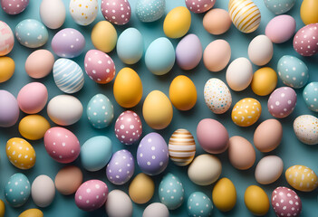 Fototapeta premium Colorful pattern of Easter eggs on a pastel blue background.