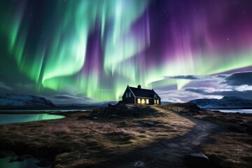 Cosmic Symphony, Northern Lights Above Icelandic Abode - obrazy, fototapety, plakaty