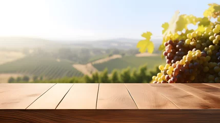 Selbstklebende Fototapeten wine in vineyard Wooden table © sugastocks