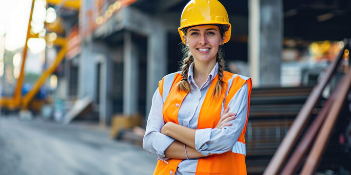 Portrait of smiling female building engineer construction worker technician architect on site wearing safety helmet hard hat, high vis vest. Manufacturing technology job concept. Copy paste