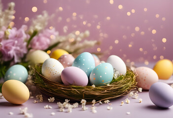 Fototapeta na wymiar Colorful Easter eggs in a nest with flowers and sparkling background.