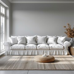 White Minimalist Living Room Interior Sofa, 3d  illustration