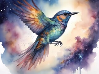 Fantasy illustration, very detailed watercolor, bird,  highly detailed, high quality cosmic colors with surreal precision, zoom, full body, echoing the atmospheric atmosphere	