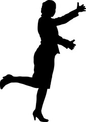 Silhouette of a working woman standing with legs and arms raised.