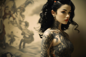 Fototapeta premium japenese geisha with tattoos