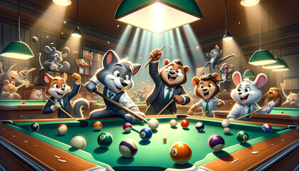 Animated animals playing pool in a lively bar setting, with focused lighting and dynamic expressions showing joy and competition.Playing animals concept. AI generated. - obrazy, fototapety, plakaty