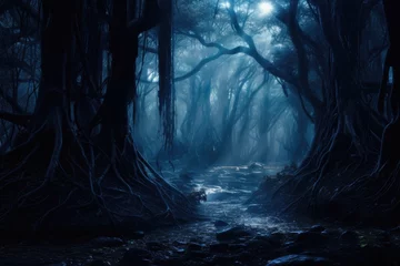 Fotobehang Fantasy dark forest with a river flowing in it, fantasy design illustration © MrHamster
