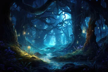 Foto auf Acrylglas Waldfluss Fantasy dark forest with a river flowing in it, fantasy design illustration