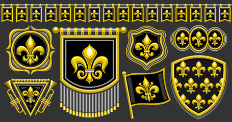 Vector Fleur de Lis set, horizontal banner with collection of isolated illustrations of various black and yellow fleur de lis flourishes, seamless bunting, group of vintage decorative design elements