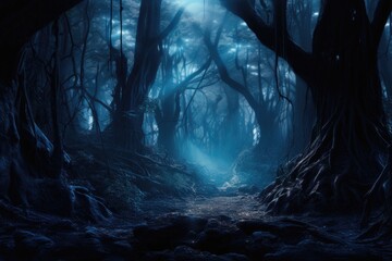 Fantasy dark forest with a river flowing in it, fantasy design illustration