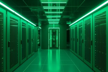 Room with server racks, big data computers, and storage hardware. Green light corridor interior for supercomputers hosting system. Generative AI