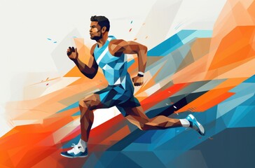 a man, a runner, runs across a colorful background, in the style of dynamic geometric, innovating techniques