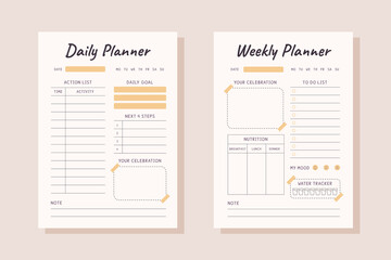 Simple stylized daily and weekly personal planners. Minimalistic design of organizer schedule pages with today's and week's tasks for efficient planning