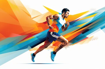 Fototapeta na wymiar a man, a runner, runs across a colorful background, in the style of dynamic geometric, innovating techniques
