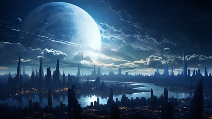 A city that is lit by a moon in the sky