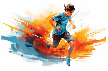 running boy with colorful abstract graphics, in the style of dark orange and light blue