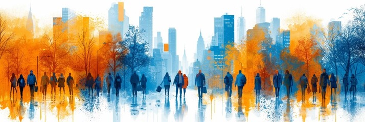 Bustling urban scene with a blurred motion of people walking amidst cityscape and corporate buildings.